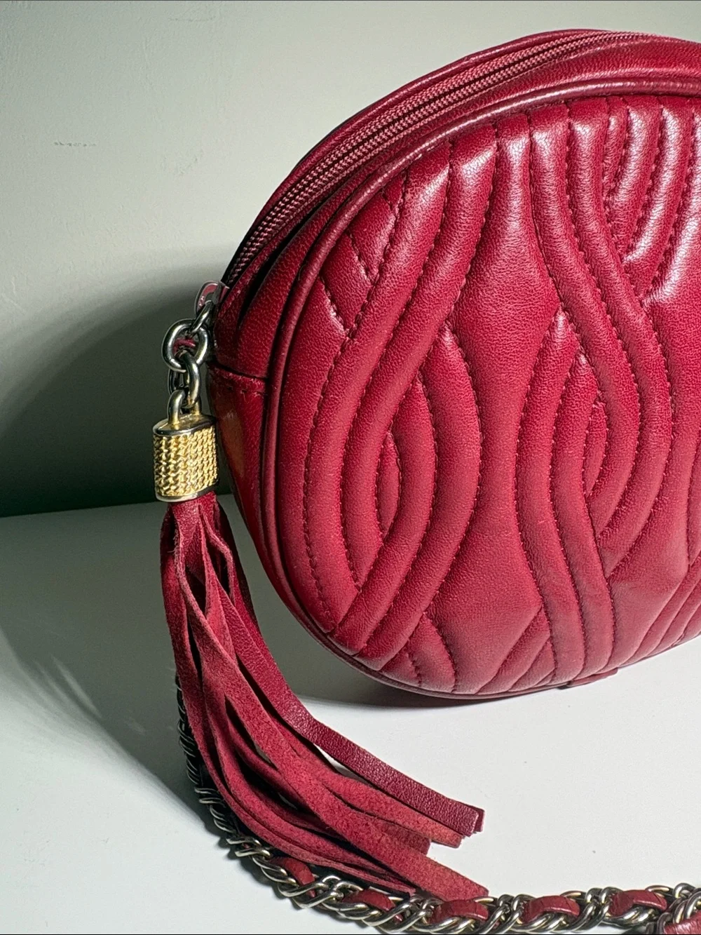 Red leather Vintage Quilted Oval Crossbody Bag with Tassel